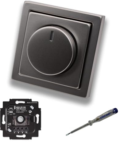 Busch Jäger 6523UR-103 LED-Drehdimmer LED-Dimmer mit Dimmerscheibe Zentralplatte 6540-866-102 Einfachrahmen in PUR Edelstahl inklusive EBROM Phasenprüfer z. Montage des Dimmers 6523 UR-103