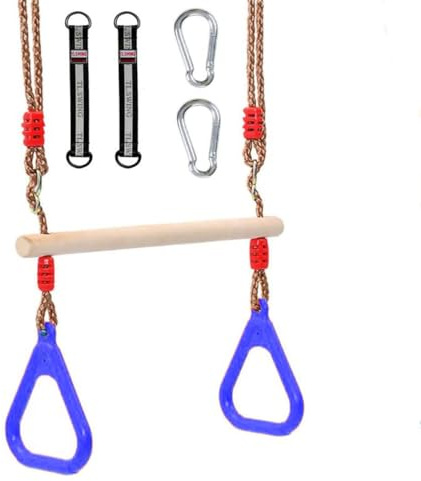 Morwealth Trapecio Columpio multifunción Infantil Columpio de Madera con Anillos de plástico, Anillos para Colgar, soporta hasta 120 kg para Interior y Exterior (Azul)