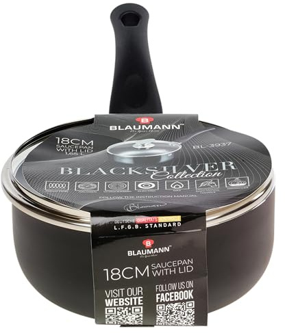 BLAUMANN Cookware Frying Grill Pots Pan Saucepan Casserole Soft Touch Handle Lid (Matt Black, 18x8cm - Saucepan with Glass L...)