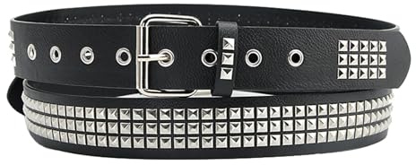 Surrycee Nietengürtel aus Metall, Goth-Gürtel, Pyramiden-Nietengürtel, Fäden, Nieten-Punk-Rock-Nietengürtel für Männer und Frauen, Jeansrock, 4 cm breit,Schwarz,95cm(30~32)