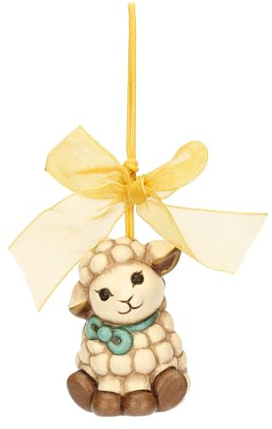 THUN, Addobbo Agnellino Nelly in Ceramica Decorata a Mano con Nastro, Linea Sorprese di Pasqua, 4 x 3.8 x 5.4 cm h