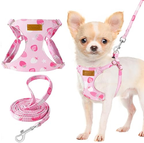 Lukovee Welpengeschirr und Leine, kein Ziehen, leicht, weiches Wildleder, verstellbar, Haustiergeschirr, Weste mit Schnappschnalle für Welpen, kleine und mittelgroße Hunde, Rosa Erdbeere, XS