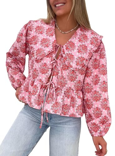 YILEEGOO Chemisier à manches longues et courtes avec col claudine et col claudine à nouer sur le devant pour femme, C-floral rose, XL