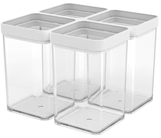 Rotho Fera Vorratsdosen mit Deckel 4 x 1 L für Vorräte transparent/weiß | 4 Dosen je 1 L, transparenter Behälter, aromadichter TPE-Dichtungsring, tiefkühlgeeignet, spülmaschinenfest im oberen Korb