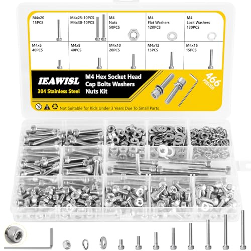 466 Stück M4 Schrauben Muttern Sortiment Set, Edelstahl Zylinderschrauben Innensechskant Schrauben mit Muttern und Unterlegscheiben Set - M4*6/8/10/12/16/20/25/30mm