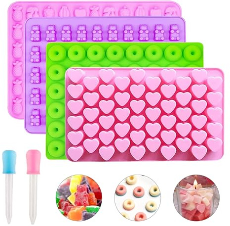 Gummibärchen Form 4 Stück Bonbon Silikon Süßigkeiten Formen mit 2 Tropfer | Formen Herz Schokoladenform für Süßigkeiten Schokolade Gelee, EinschließLich Früchte Donuts Gummibärchen Herzformen