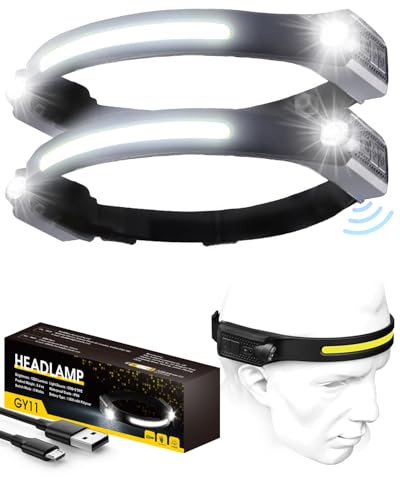 LED Head Torch Rechargeable, 1200LM 2 Spot Light 230°COB Headlamp with Motion Sensor Control, 5 Modes, 12 Hours Runtime, IPX4 Waterproof, Lightweight Headlamp for Camping Running Fishing(2 Pack)