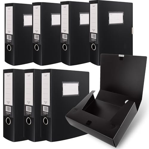 CYEER 8 Pack Box Files, Black Plastic Box File A4 Filing Boxes 75mm Spine, Foolscap Folders for Paperwork A4 Document