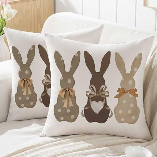 Jayusaror Ostern Kissenbezug 45x45 cm DREI Hasen Frühling Kissenhüllen Outdoor Khaki Osterhase Sofakissen Bauernhaus Dekokissen Kissen Couchkissen Kissenbezüge Zierkissenbezug Couch Deko 2er Set