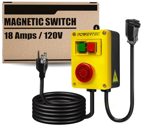POWERTEC 120V, 18A Magnetic Switch w/ 5.5 Ft Power Cord for Router Table, EZ Mounting on Work Bench, Power Tool Safety Switch w/Emergency Stop Button for Table Saw, Drill Press 1 PK (71970)