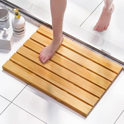 Bambus-Duschmatte mit rutschfesten Füßen für Bad und Küche, wasserdichte und Massivholz-Badematte, natürliche Holzmatte für Badewanne, Toilette und Haustier, 50 x 33 x 3,5 cm