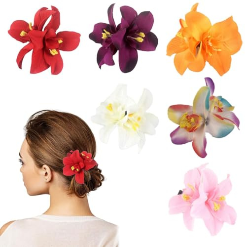 SIRLOMU 6 Piezas Clips Dobles de Orquídeas Hawaii, Flores Artificiales para Mujeres y Niñas, Accesorios para el Cabello, Horquillas para Fiestas, Bodas y Vacaciones (Multicolor)