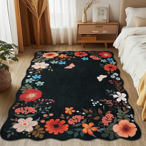MOSISO Tapis de Sol pour Salon 121x182cm, Faux Laine Doux Anti-Dérapant Bords en Vague Papillons & Fleurs Basse Hauteur Lavable, Tapis de Sol Salle à Manger Chambre,Noir