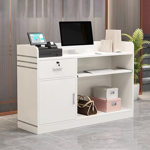 Moderner Empfangstheke mit Stauraum für Lobbys, Salons und Einzelhandel, Holzkassentisch, Willkommensschreibtisch für Empfangsraum, Weiß (100 cm)