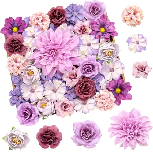 YSUVIN 50 Stück Kunstblumen zum Basteln, Lila Künstlich Blütenköpfe, 9 Arten von Kunstblumen zum Basteln, Tortendeko Blumen, Blumen Deko für DIY Handwerk Hochzeit Party Home