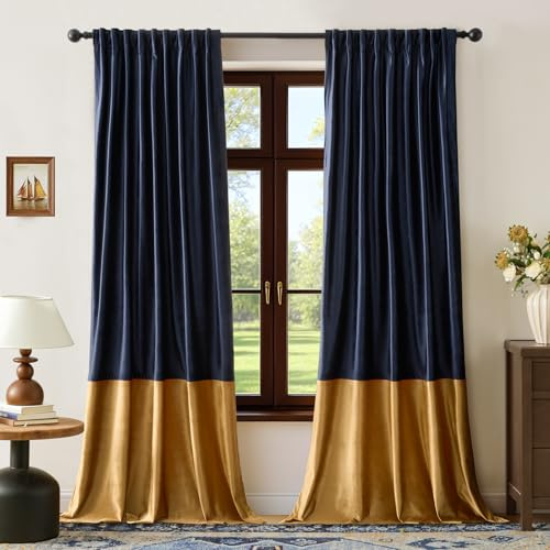 Navy Blue Gold Velvet Curtains 108 inches Long for Living Room,2 Panels Blackout Curtains Modern Color Block Back Tab Rod Pocket Soundproof Drapes for Bedroom Window Decor