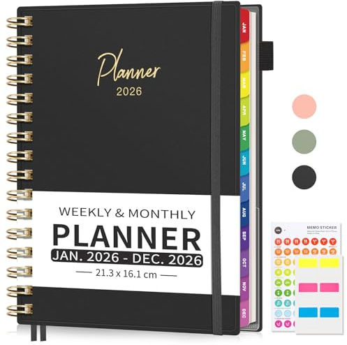 Terminplaner 2026, A5, Wochenansicht, akademischer Tagebuch, Terminbuch, Wochenplaner, 30 Minuten, Januar 2026, Dezember mit bunten Monatsregistern, Steigerung der Produktivität, Schwarz