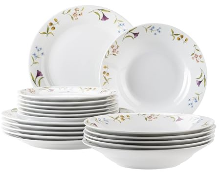 MÄSER Serie Zosma, hochwertiges Tellerset 18-tlg mit floralem Dekor, bestehend aus 6 Desserttellern, 6 tiefen Tellern und 6 flachen Tellern im Natural-Look, Porzellan, Weiß