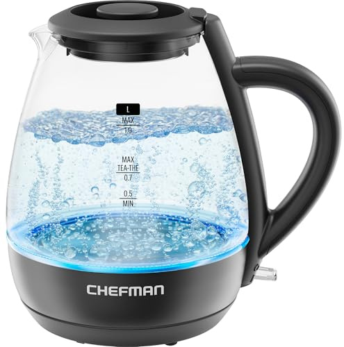 Chefman 1L Electric Tea Kettle with LED Lights, Automatic Shut Off, Removable Lid, Boil-Dry Protection, Hot Water Electric Kettle Water Boiler, Electric Kettles for Boiling Water