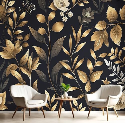 NAWVNMI Silk Photo Wallpaper Black Golden Copper Size 400 x 280cm 8 Strips Width 50 cm Gold Leaf Flowers Elegance Plants Bedroom Decoration Wall Mural Wall Covering Design Wallpaper