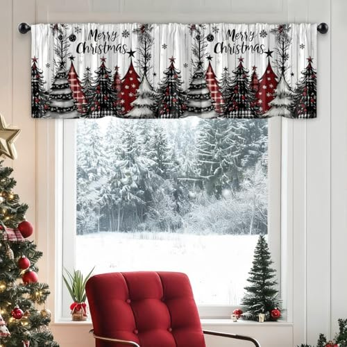 Treer Scheibengardinen Bistrogardine Weihnachten Küchengardine mit Stangendurchzug, 3D Rot Vintage-Weihnachtsbaum Blickdicht Küche Fenster Vorhänge Kurzstores Gardinen (BxH) (Stil 5,230x55cm)
