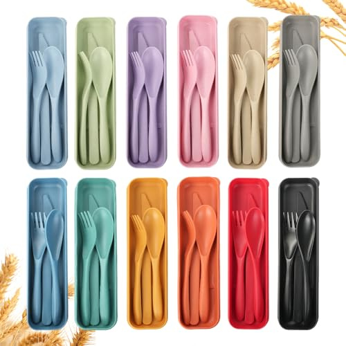 DIYJEP 12 Sets Travel Cutlery Set with Case, Portable Utensils(12 Colours) | Reusable Plastic Flatware. Includes Spoon Fork Knife. Lightweight Durable for Kids Adult Picnic School Office Outdoor