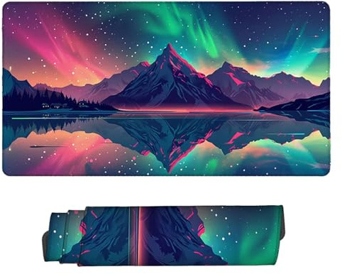 Gaming Mauspad 900 x 400 mm XXL Gaming Mousepad Verlängertes Großes Mauspad Schreibtischauflage, Genähte Kanten Mousepad, Rutschfeste Gummibasis, Schutz für Home Office (Aurora Landschaft) Z-480