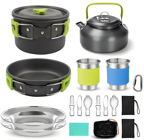 Set de Casseroles de Camping Portable - Léger en Aluminium,Durable et Compact avec Bouilloire et Ustensiles,Inclut Marmite,Poêle, Légère, Empilable pour Camping, Randonnée et Voyage (Vert)