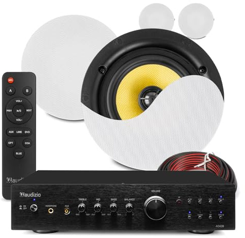 Power Dynamics 4x PD KVCS6 Ceiling Speaker System with AD420 Multi Room HiFi Amplifier, 4x 6.5 Two-Way Coaxial Ceiling Speakers, 2-Zone Bluetooth Amplifier, Integrated Home Audio Solution