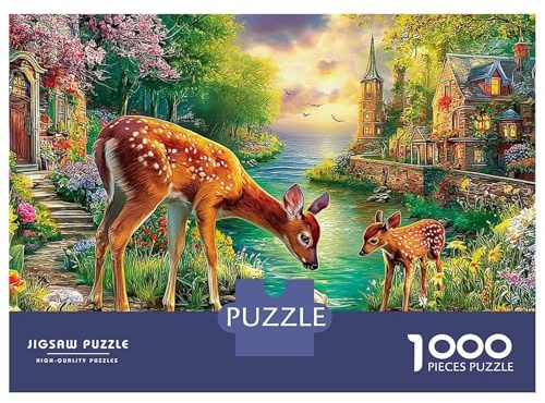 Deer by River Puzzle 1000 Pièces Jardin des Cerfspour Passionnés Papier Recyclé Facile À Assembler pour Éducation Qualité Premium 38x26cm/1000pcs