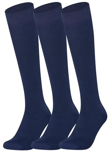 Mysocks Knähöga strumpor för kvinnor och män - 3 par andningsbara kammad bomull sömlös tå unisex långa strumpor - vardagliga enkla knähöga strumpor, 3 par enkel marinblå, 42-44 EU