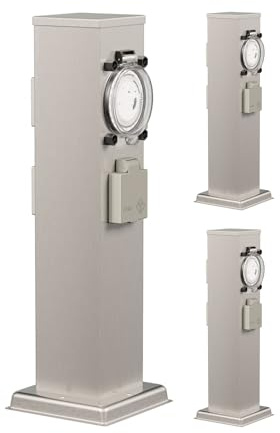 ledscom.de Columna de enchufes para jardín Polly, 3 enchufes, para Exterior, IP44, Temporizador, 3 enchufes, Acero Inoxidable, Forma Cuadrada, 40 cm