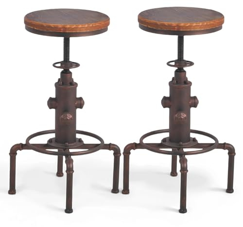 Topower American Antique Vintage Industrial Barstool Solid Wood Water Pipe Fire Hydrant Design Cafe Coffee Industrial Bar Stool Set of 2 (Red Bronze, 2)