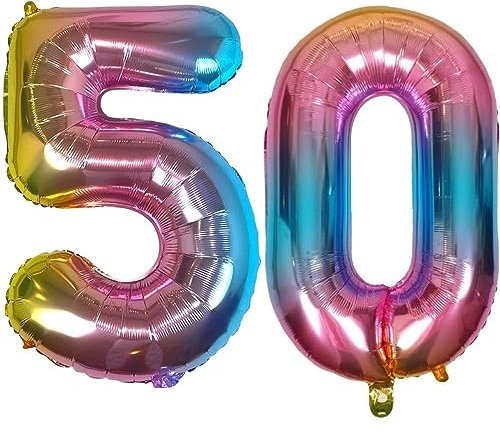 DIWULI Luftballon 50 Geburtstag XL Rosa Regenbogen - Folienballon 50, Zahl 50 Ballon 50 Jahre, Geburtstagsdeko 50. Geburtstag Party-Deko Junge Mädchen, Zahlen-Ballon Groß Dekoration, Zahlen-Luftballon