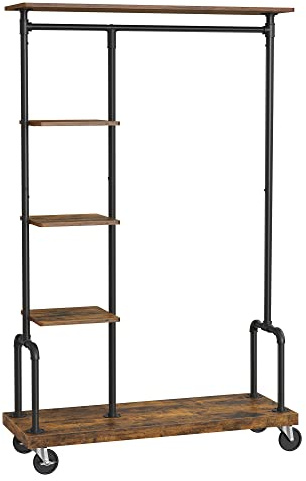 VASAGLE Clothes Rack, Clothing Garment Rack on Wheels, Rolling Clothes Organizer with 5-Tier, Industrial Pipe Style, Rustic Brown UHSR66BX