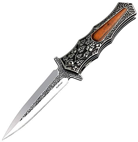 AuRiver Coltello da Caccia Acciaio Inossidabile, Coltellino Tascabile con Incisione Floreale Decorativa Retrò in Metallo Manico in Legno, Regalo da Uomo