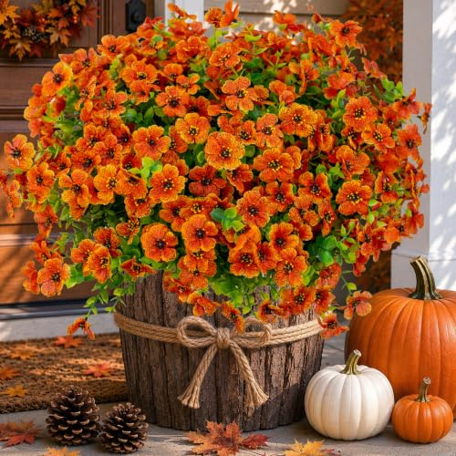 AXYLEX Flores artificiales para mamás falsas al aire libre, 16 paquetes de plantas artificiales para exteriores, boj, arbustos de plástico, no se decoloran, decoración de otoño, casa de campo, jardín,