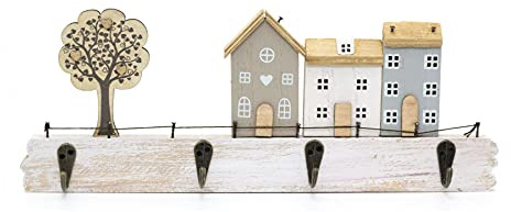 34cm Shabby Chic House Design Wall Mounted Hanger Hooks | Street Scene Wooden Hanger Rack | Decorative 4 Peg Hooks