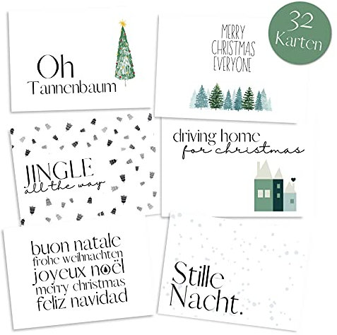 Weihnachtskarten Set (32 Stück) mit unterschiedlichen Motiven - A6 Postkarten für Weihnachten - Eine Christmas Postkarte für jeden deiner Liebsten - Coole Weihnachtspostkarten mit und ohne Sprüche