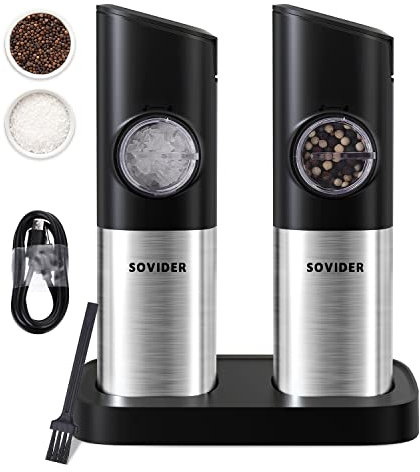 SOVIDER Schwerkraft Salz und Pfeffermühle Elektrisch 2er Set, Wiederaufladbare Pfeffermühle Elektrische mit Doppelter Ladestation, Weißes LED-Licht, Einstellbare Dicke, Kostenlose Batterie