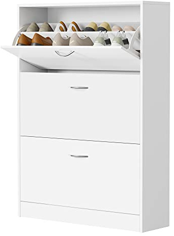 fevarbord Shoe Cabinet Wooden Shoe Storage Cupboard 3 Flip Doors Footwear Organizer Hallway Shoe Rack White 80x23.5x110cm
