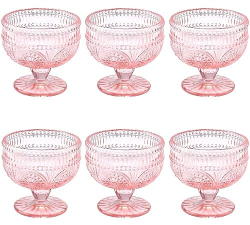 Vintage Glass Dessert Bowls Set of 6-11.5 oz Pink Embossed Glass Ice Cream Bowls for Salad, Candy Cake, Fruit,Trifle,Cocktail