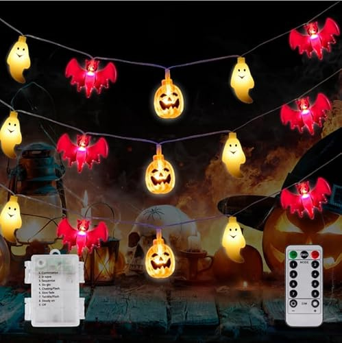 Fohil Luci di Halloween, 30LED 4.5M, 8 Modalità, Impermeabili, Batteria, Interno/Esterno, Catena Luminosa Pipistrello, Zucca, Fantasma