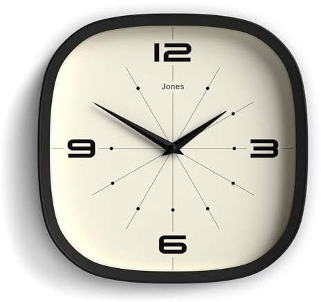 JONES CLOCKS® Pulsar Wanduhr | Quadratische abgerundete Retro-Uhr | 25 cm | Schwarz | Cooler Designer-Look für küche, Wohnzimmer oder büro