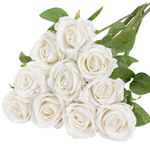 N&T NIETING Künstliche Rosen Blumen, 10 Stück Seidenblumen Einzelner Langer Stiel Fake Rose Künstlich Blumen für Brautstrauß Arrangement Hochzeit Home Table Party Hotel Dekoration(Weiß,51cm)