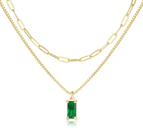 Pls Back Dainty Gold Charm Necklaces for Women Non Tarnish, 14K Trendy Blue Green Cubic Zirconia Emerald Pendant Birthstone Necklaces Birthday Gifts for Women Waterproof Jewelry May(Emerald)