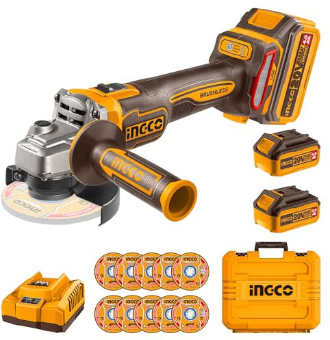 INGCO 20V Brushless Angle Grinder 115mm 1200W, 3 Variable Speed 9000RM, Cordless Grinder Tool with 2Pcs 5.0Ah Battery and 1Pcs Charger CAGLI2211532