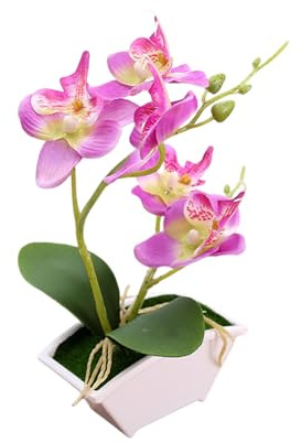 Generisch Künstliche Gelbe Orchidee mit Zwei Zinken im Topf, Silikon-Blumentopf, Phalaenopsis, Weißer Kunst-Schmetterlingstopf, Höhe 22 cm (Purple)