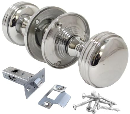 Epsom Door Handle Chrome Polished Round Door Knob Set with Tubular Latch – Heavy Reeded Style Sprung Door Knobs for Internal and External Doors. (Pair of Handles + Tubular Latch)