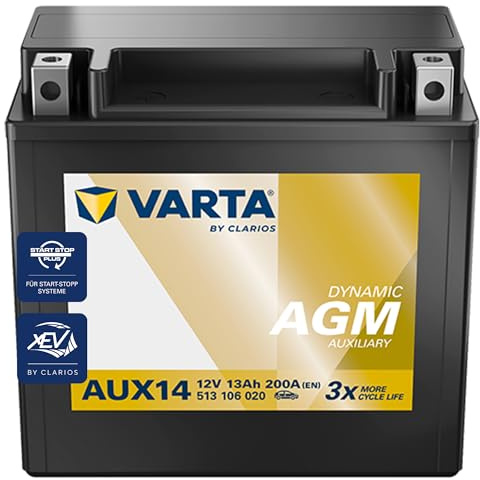 VARTA Automotive DYNAMIC AGM Auxiliary (AUX14) 12V 13Ah 200A - Stützbatterie Nassbatterie für KFZ - Zusätzliche Starterbatterie für Autos mit hohem Energiebedarf - Wartungsfreie Bleisäurebatterie